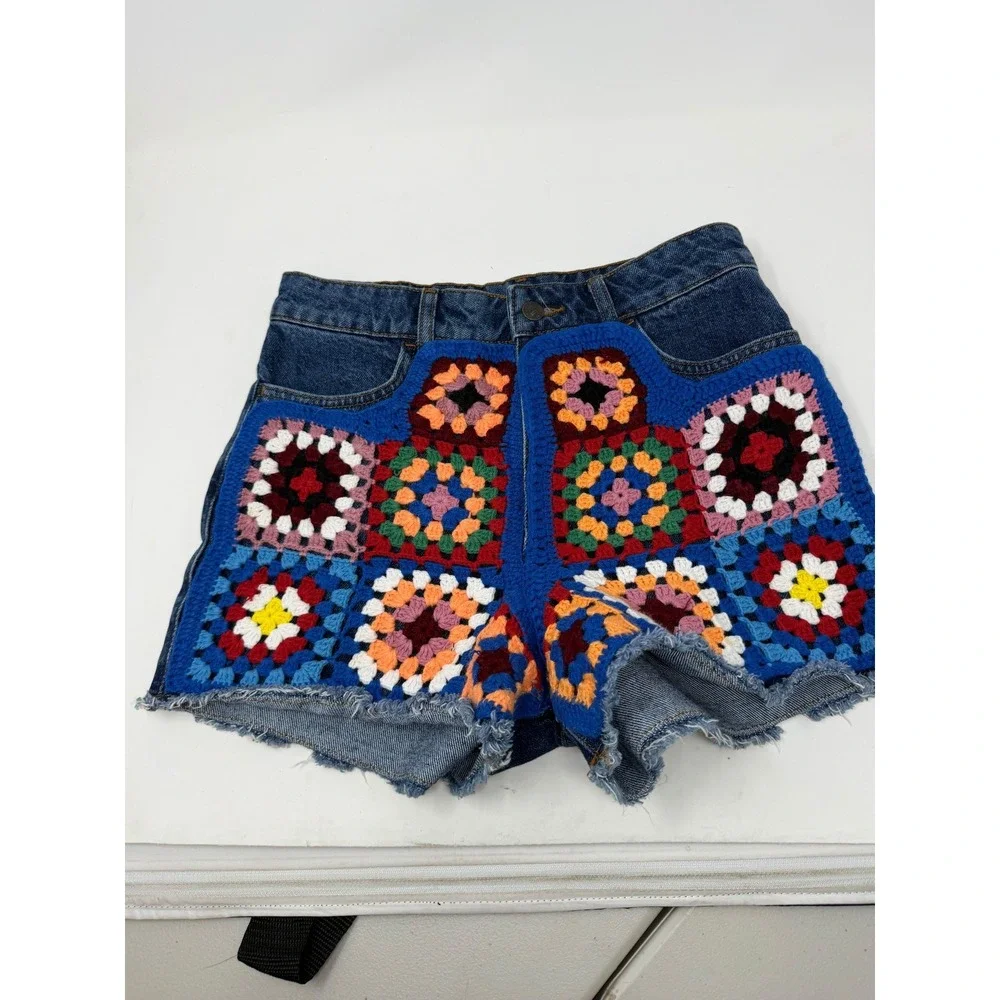 Farm Rio Anthropologie Ultra High Rise Crochet Denim Shorts Patchwork Size 28‎